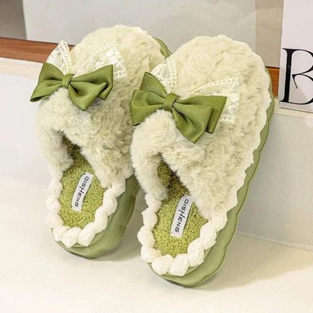 Myke vintertøfler for kvinner, hjemmesko i bomull, fuskepels, damesandaler, innesko (grønn)