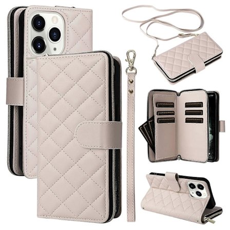 Fodral för iPhone 11 Pro Max med dragkedja, plånbok, rombmönster, läderfodral med axelrem