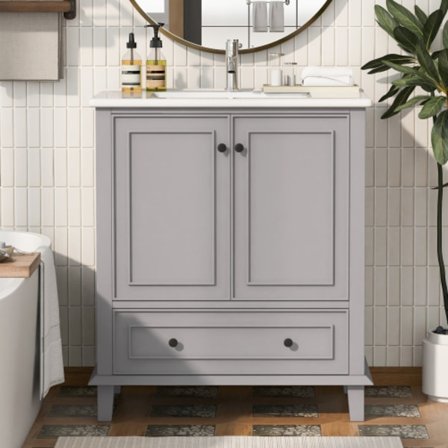 Suuri säilytystila Pesupöytä keraamisella altaalla 76x46x87cm. Kylpyhuoneen kaappi seisoo lattialla, kosteudenkestävä massiivipuuta harmaana.