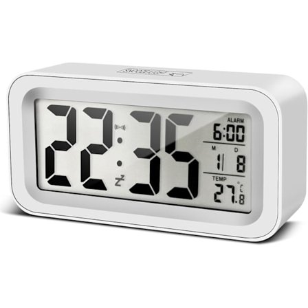 Oppgradert Digital Vekkerklokke - Sengklokke med Temperatur, Snooze, Nattlys & Kalender (Hvit)