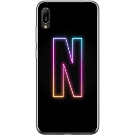 Kompatibel Mobilcover til Huawei Huawei Y6 Pro (2019) Minimalistisk neonbogstav N i farveskiftende lys mod sort baggrund