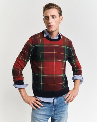 GANT - Rutet genser med rund hals til herre evening blue