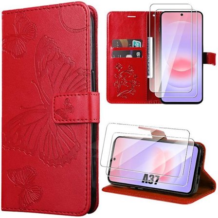 Cover + 2 Tempered Glasses til Samsung Galaxy A37 5G, Anti-Ridser Syntetisk Læder Butterfly Mønster - Rød