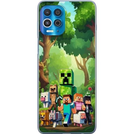 Kompatibel Mobilcover til Motorola Edge S Klodset pixeleret spilverden med grønne figurer og dyr i frodig skovmiljø