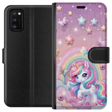 Kompatibelt Lommeboketui til Samsung Galaxy A41 Magisk enhjørning med regnbue manke, stjerner og sommerfugler mot en pastellhimmel med skyer