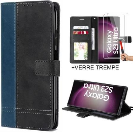 2 hærdede briller + etui til Samsung S23 Ultra - Fuld beskyttelse lædereffekt Marineblå