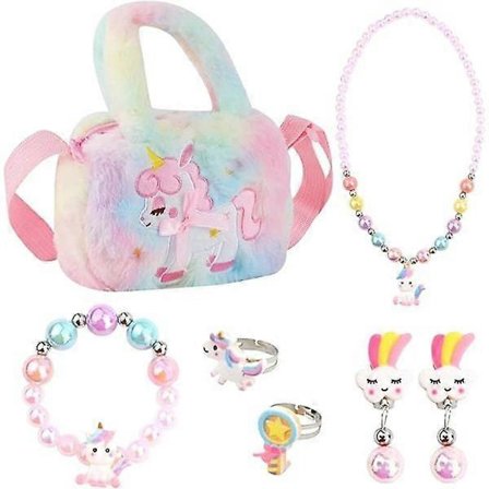 Yksisarvisen olkalaukku koruilla tytöille, Yksisarvislaukku tytöille Yksisarvishelmet Korusetti lapsille Pehmoinen yksisarvislaukku Lelu 