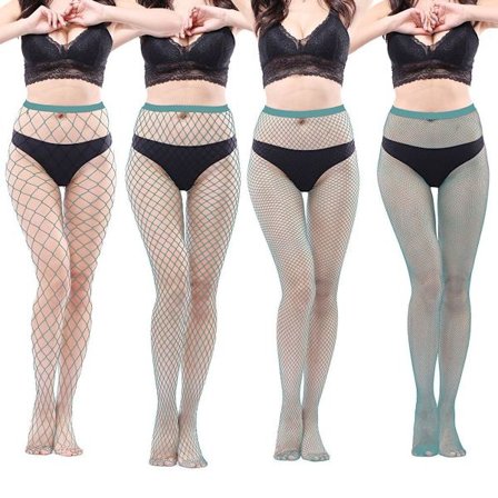 4 stk. høytlivsde fiskenettstrømpebukser for kvinner, høyt svartgrønt KLB