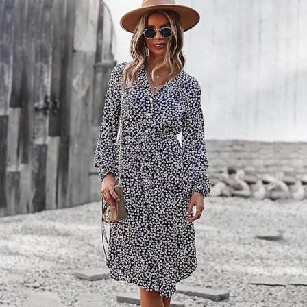 Sommer Høst Blomstertrykk Lang Kjole Kvinner Uformell V-hals Full Erme Knapp Bandasje S-XL