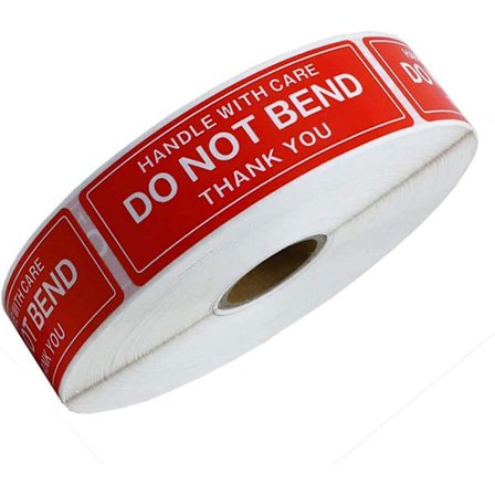 1 rull / 150 etiketter, rød "Håndter forsiktig, ikke bøy, takk"