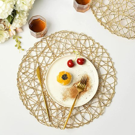 Matsalsset med 6 Guld Runda Bordstabletter för Matbord, Vävda Halkfria Värmebeständiga, Metalliska Bordstabletter för Bordsdekoration, Centerpiece, 