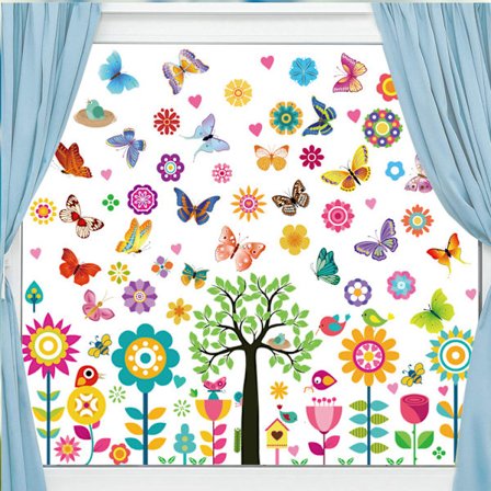 Fjäderfönsterdekaler Midjefönsterdekaler Blommor Antikollision Fjärilsdekaler för barnrum Glasfönster Fjäderdekoration