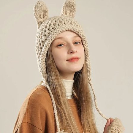 Women‘s Rabbit Ear Knit Hat Autumn Winter Ear Protection Bucket Hat Fashion Ladies Outdoor Warmth Tied Straps Cap