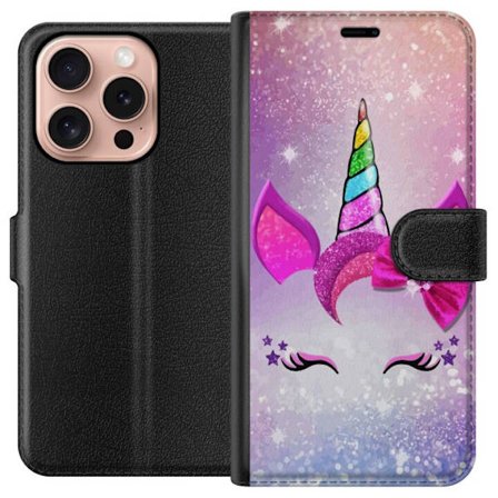Kompatibelt Plånboksfodral till Apple Apple iPhone 16 Pro Minimalistiskt enhörningsansikte med regnbågshorn, rosa bakgrund, glitterdetaljer och sti