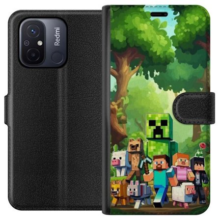 Kompatibel Tegnebogsetui til Xiaomi Redmi 12C Klodset pixeleret spilverden med grønne figurer og dyr i frodig skovmiljø