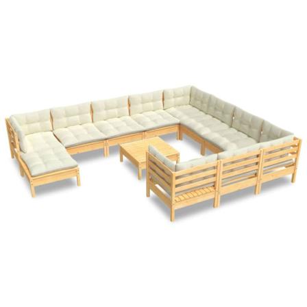 Vidaxl Loungegrupp Med Gräddvita Dynor 12 Delar Massiv Furu Creme