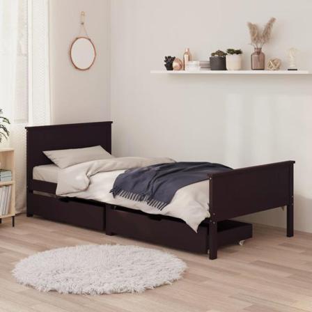 Vidaxl Sängram Med 2 Lådor Mörkbrun Massiv Furu 100x200 Cm Brun