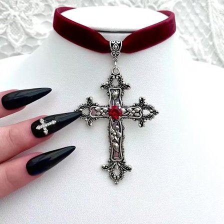 Vintage Gothic Large Cross Velvet Choker Utsmyckad Cross Black Vel