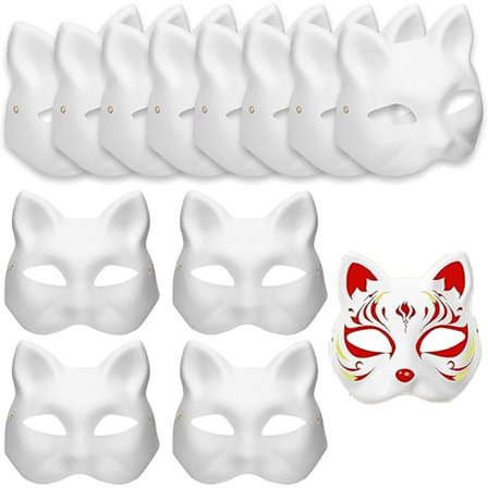12 kattemasker, bæstmand masker, rævemasker og hvide DIY masker (kan males).