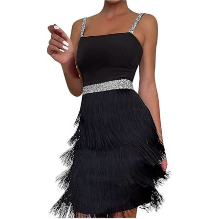Cocktail-mekkoja naisille, seksikäs syvä V-kaula-aukko, kokonaan hapsuilla, spagettiolkaimilla, paljeteilla ja höyhenillä koristeltu tanssiaismekko