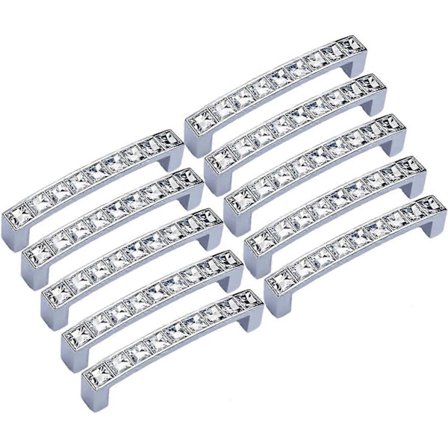 Set med 10 Europeiska Moderna Fyrkantiga Lådhandtag, Dekorerade med Klara Rhinestones, för Möbler, Dörrar, Skåp, Garderober, 96mm Hålcentrum, 113mm O