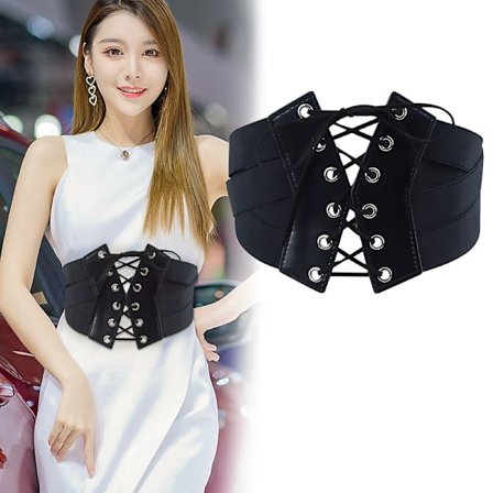 Retro bredt belte med skjørt, dame elastisk midjebelte med dekorativ skjorte, svarte beltereimer