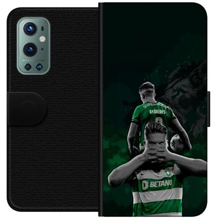 Yhteensopiva Lompakkokotelo OnePlus 9 Pro Neonmotiivi, jossa teksti "Gaming is in my DNA" sinisenä ja punaisena tiiliseinällä, jossa loistava DNA-spir