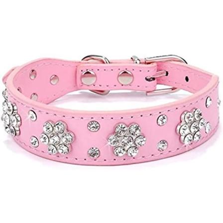 Hundehalsbånd med rhinestones, kunstlærhalsbånd, justerbar størrelse