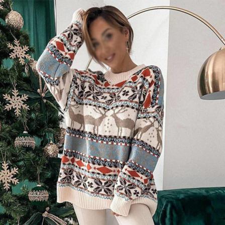 Dam Snowflake Printed Xmas Stickad Sweater Hem Pullover