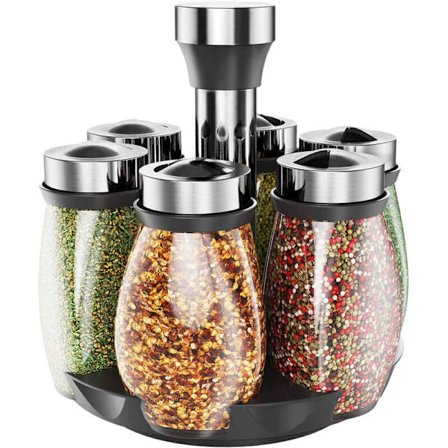 Krydderglass krydderhylle, 360 ° rund krydderkarusell roterbar sett, krydderstativ transparent bærbar, laget av rustfritt stål med 6 glass 