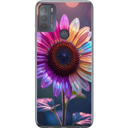 Kompatibelt Mobildeksel til Motorola Moto G50 Irideserende blomst med glitrende kronblad i rosa lilla og gull mot myk bokeh bakgrunn