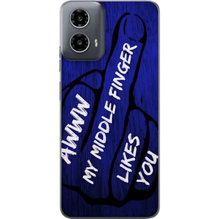 Kompatibelt Mobildeksel til Motorola Moto G34 Mørk typografisk illustrasjon med hjerteform og budskap om vennskap mot dyp blå tretekstur