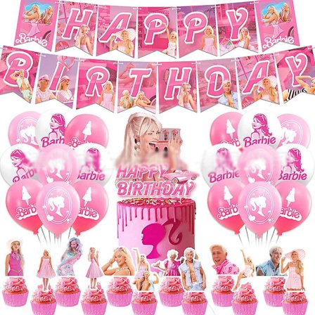 Barbie Film Tema Fødselsdagsfest Pink Dekoration Forsyninger Inkluderet Banner Balloner Kit Kagepynt Cupcake Toppers Dekorsæt