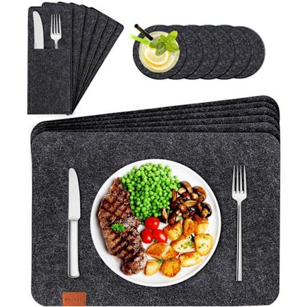 Sæt med 18 vaskbare filtpladeunderlag i antracit