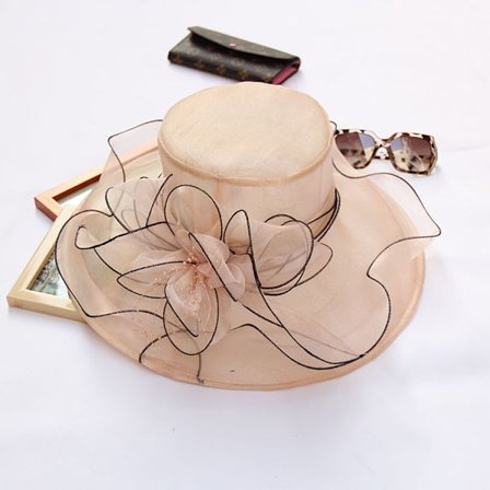 Dam solhatt med nätblomsdekoration bred brätte strand S