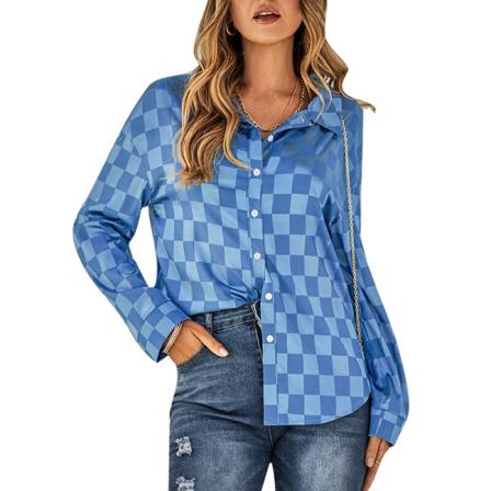 Kvinnor Rutig Lapel Neck Button Down Toppar Långärmad Tunika Shir