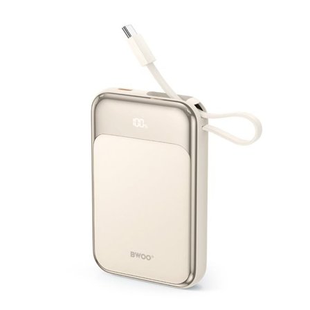 BWOO 10000mAh Powerbank PD 20W med inbyggd USB-C-Kabel - Guld