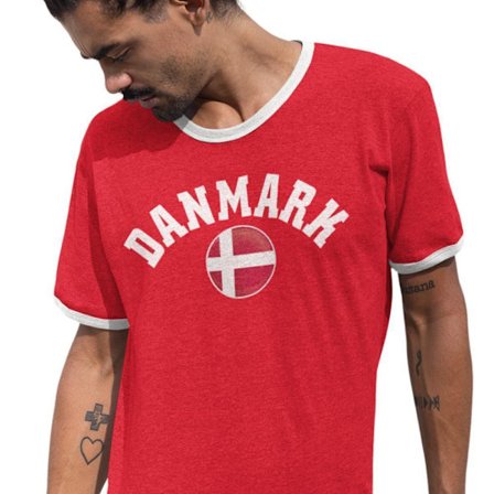 Röd tipped T-shirt med danmark supporter tryck ringer tröja