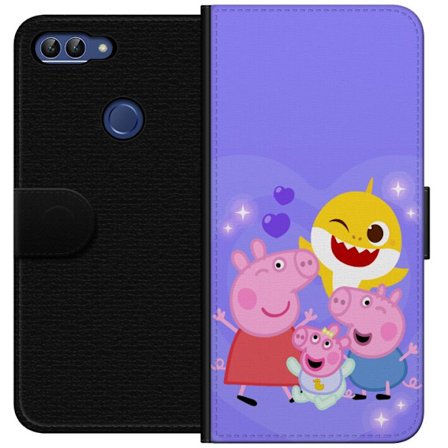 Kompatibel Tegnebogsetui til Huawei P smart Peppa Gris mønster med hjerter, sommerfugle og venner, lyserød baggrund i bløde børneillustrationer