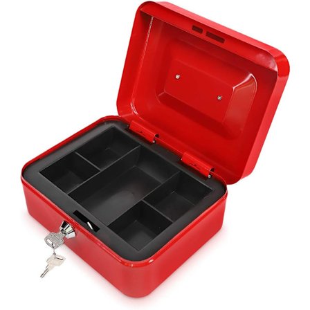 Pengerkasse - Myntboks 20 x 15 x 9 cm i stål for mynter og sedler - Kasse med avtakbart brett med 5 rom og 2 nøkler