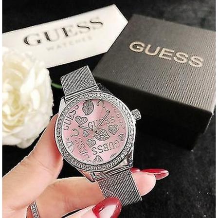Guess Graffiti Rose Gold Ruostumattomasta Teräksestä Mesh-Rannekoru Naisten Kello Muoti Casual Wanita Jam-väri: Hopea Ja Pinkki Hs