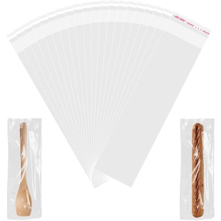 ING 100 stk. gjennomsiktige selvklebende cellofanposer 6x22 cm gjenbrukbare for kjeks, godteri, smykker, gaver, hårtilbehør og småting