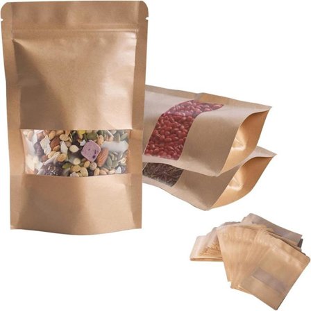 Kraftpapirpose med vindu 100 stk, Kraft-tepose med glidelås