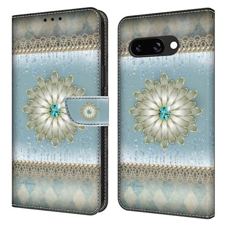 Google Pixel 9a Etui med pung Mønster print Stand Leather Flip Phone Cover - Blå Diamantblomst