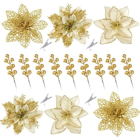 30 stk 3 stiler juleglitter julestjerne blomster kunstige bærplukker juletrepynt kunstige juleblomster med klemmer (gull)