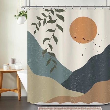 Bohemisk Duschdraperi Abstrakt Medeltida Båge Sol Löv Linje Estetisk Minimalistisk Modern Geometrisk Dekorativt Duschdraperi, 220x180cm