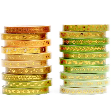 Skinny Gold Washi Tape Sæt Basic Folie Print Dekorativ Maskeringstape til Kunst, DIY Håndværk (Grøn om Sommeren)