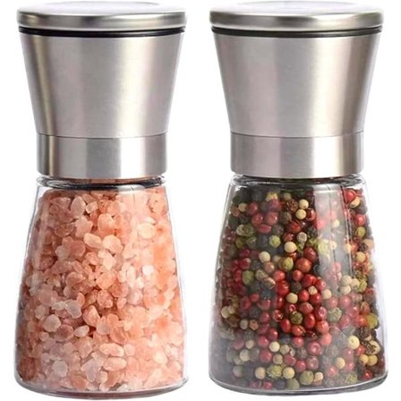 Salt- och pepparkvarnset, salt- och pepparkvarnar i borstat rostfritt stål med glasbehållare och justerbar grovlek, silver