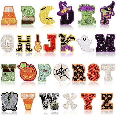 Dww-Set med 26 stykker Halloween-tema engelsk bokstav broderi stoff klistremerke datamaskin broderi blomst etikett kunst patch klistremerke bokstav