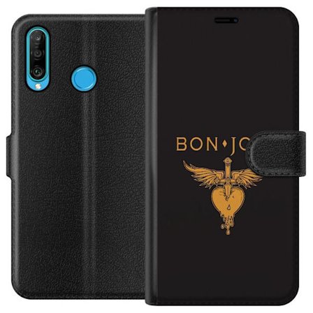 Kompatibelt Plånboksfodral till Huawei Huawei P30 lite Ikonisk musikillustration med bevingat hjärta och dolk i guldtoner på mörk bakgrund, kraftf